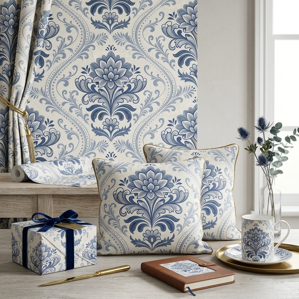 Blue Floral Damask Seamless Pattern Vintage Botanical Wallpaper Design for Fabric and Home Décor