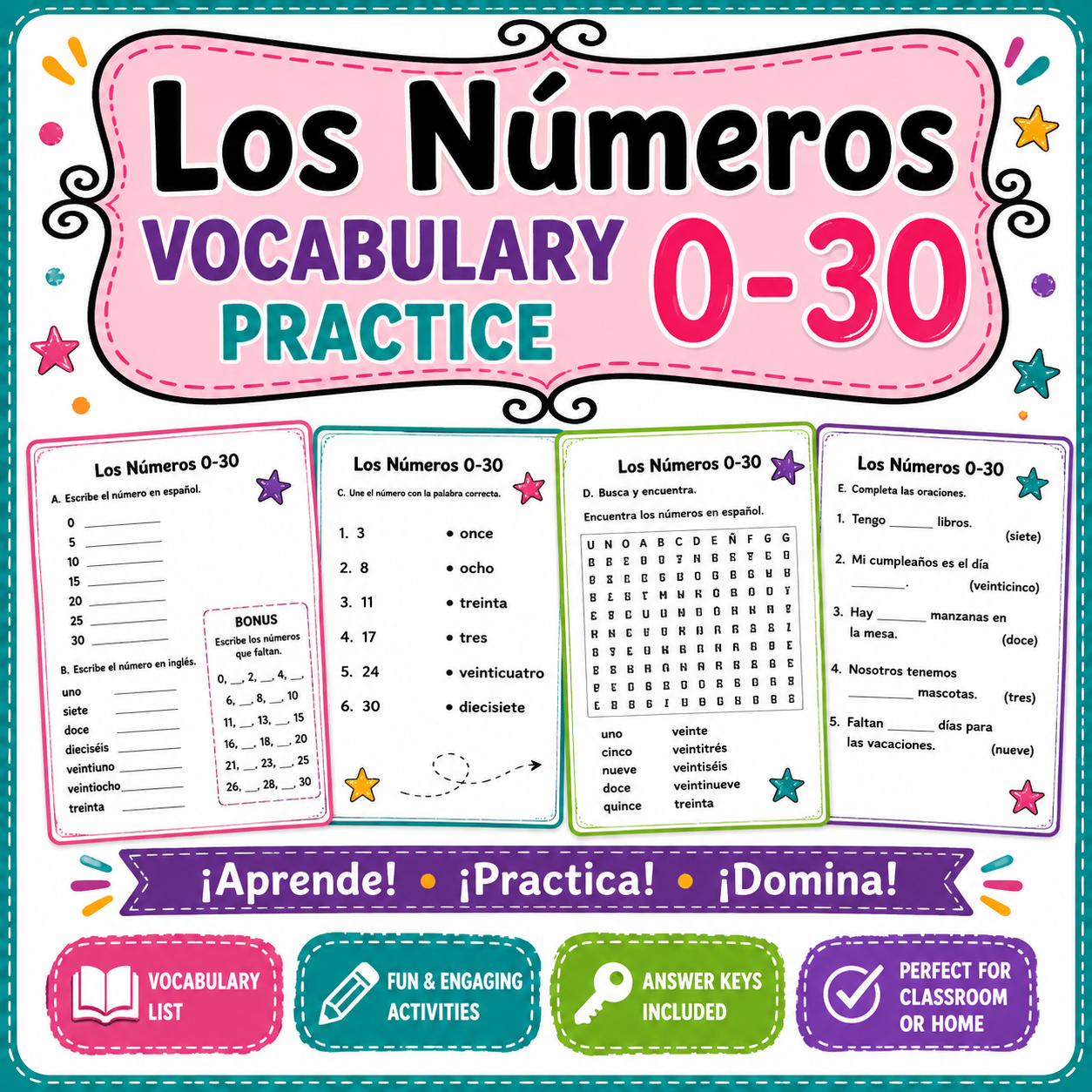 Los Números 1-30 Number Vocabulary Worksheets in Spanish