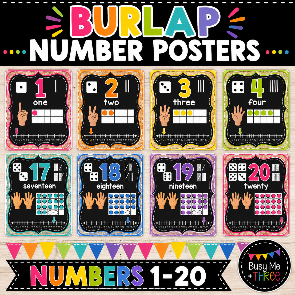 Number Posters 1–20 | Burlap & Chalkboard Farmhouse Decor with Number Line