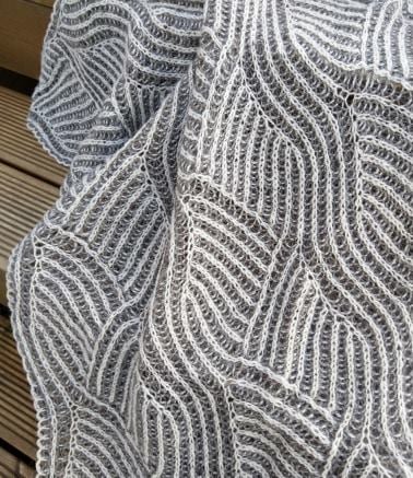 Details of a grey and white Waterfall Shawl