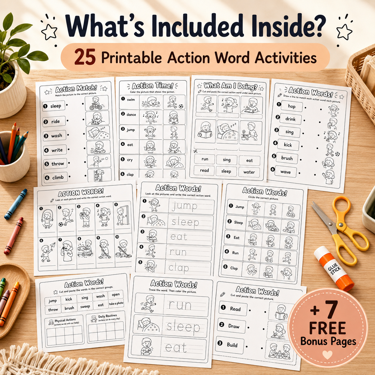Action Words Made Easy! – 25 Printable Activities for Kids Ages 3–6 | PDF + PNG Bundle + 7 FREE Bonus Pages