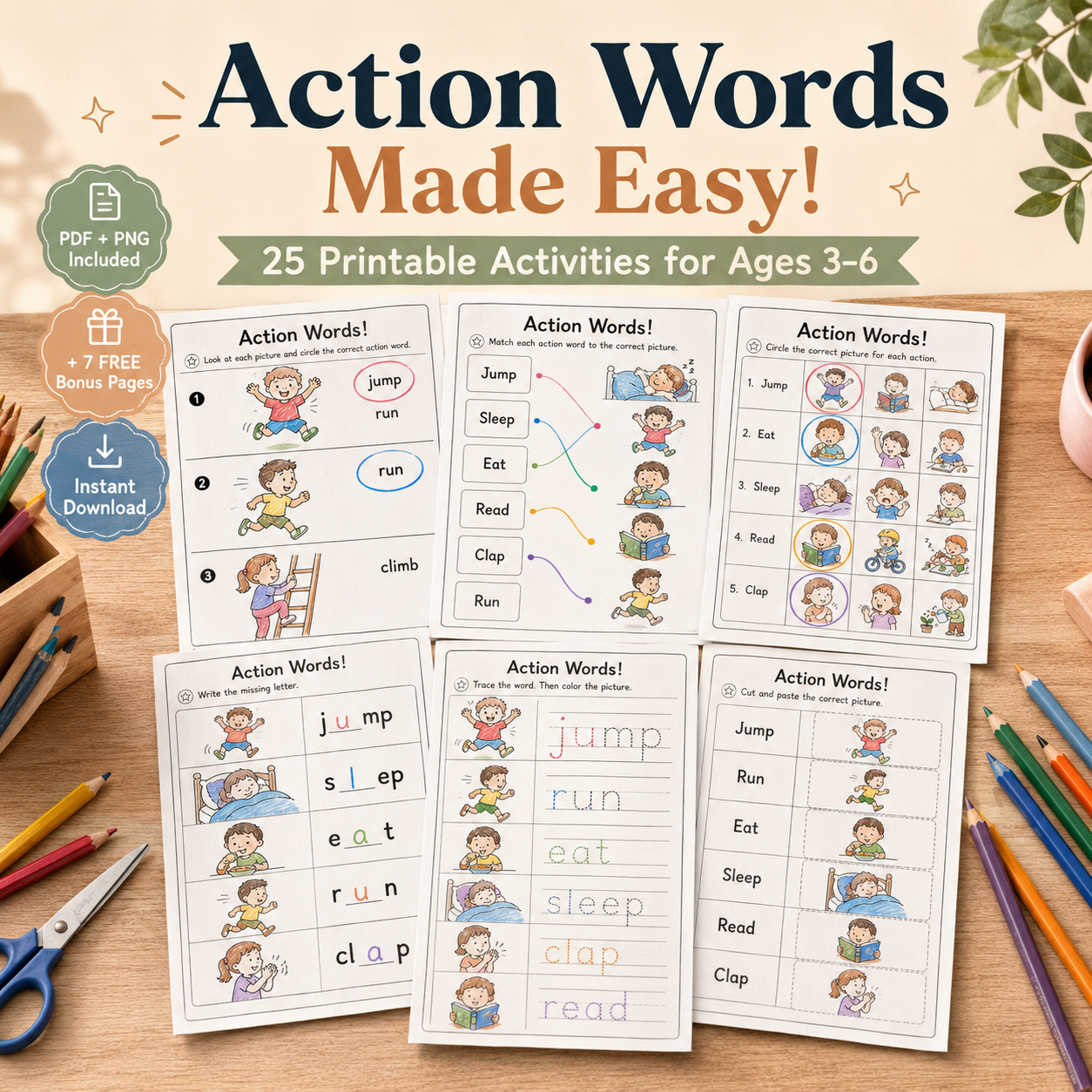 Action Words Made Easy! – 25 Printable Activities for Kids Ages 3–6 | PDF + PNG Bundle + 7 FREE Bonus Pages