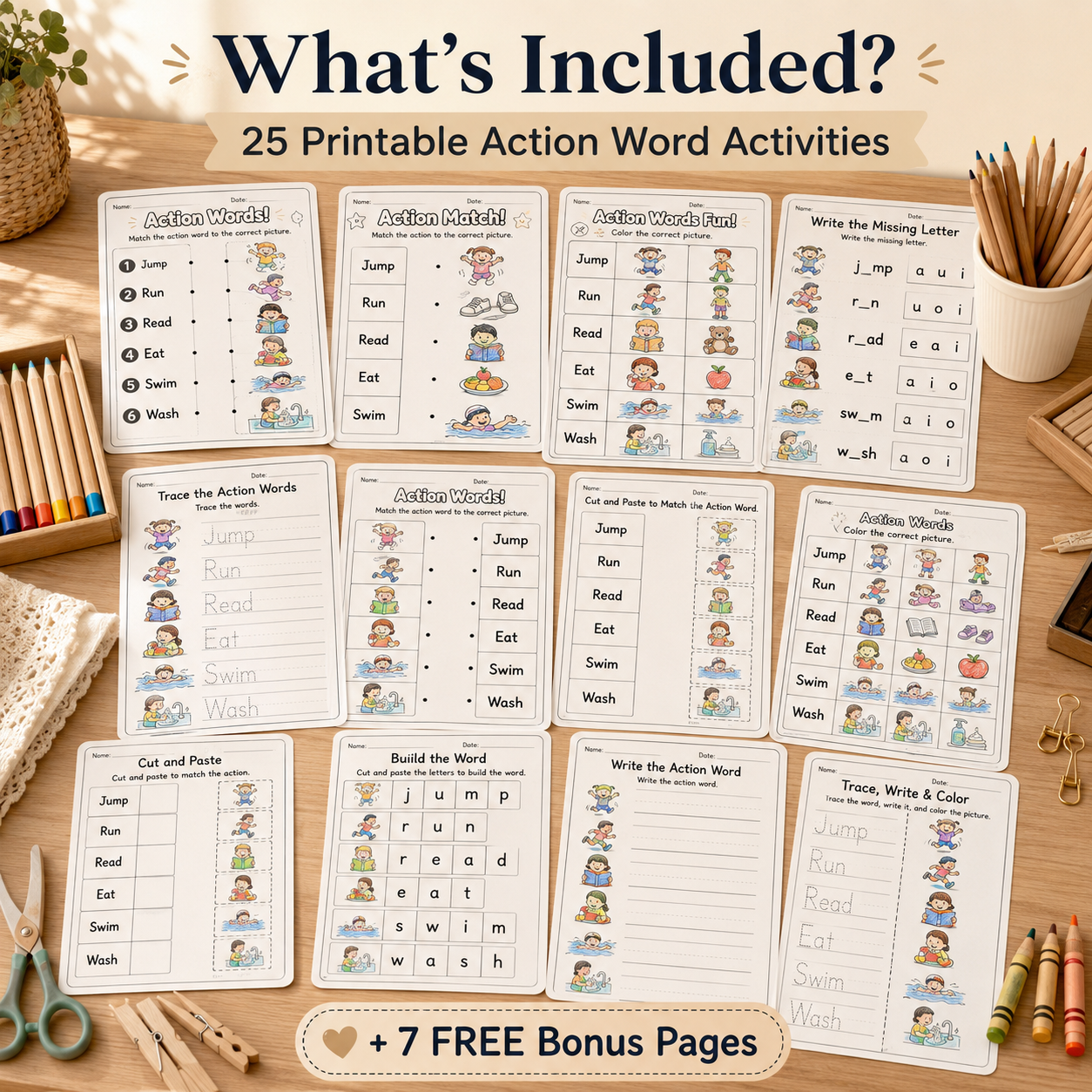 Action Words Made Easy! – 25 Printable Activities for Kids Ages 3–6 | PDF + PNG Bundle + 7 FREE Bonus Pages
