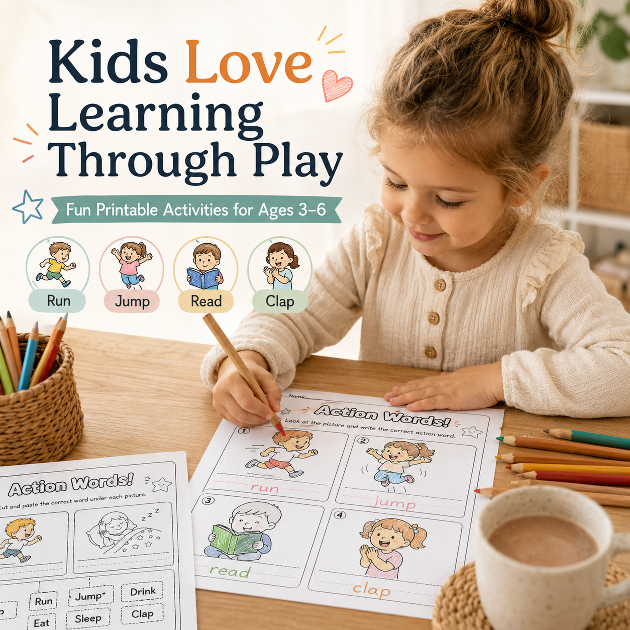 Action Words Made Easy! – 25 Printable Activities for Kids Ages 3–6 | PDF + PNG Bundle + 7 FREE Bonus Pages