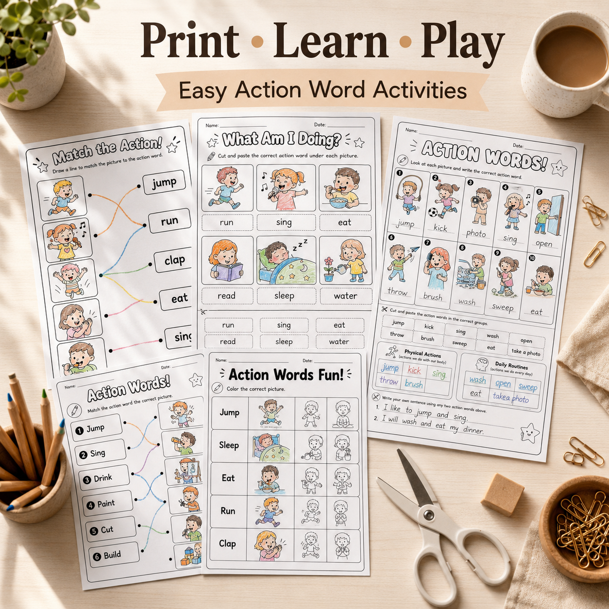 Action Words Made Easy! – 25 Printable Activities for Kids Ages 3–6 | PDF + PNG Bundle + 7 FREE Bonus Pages
