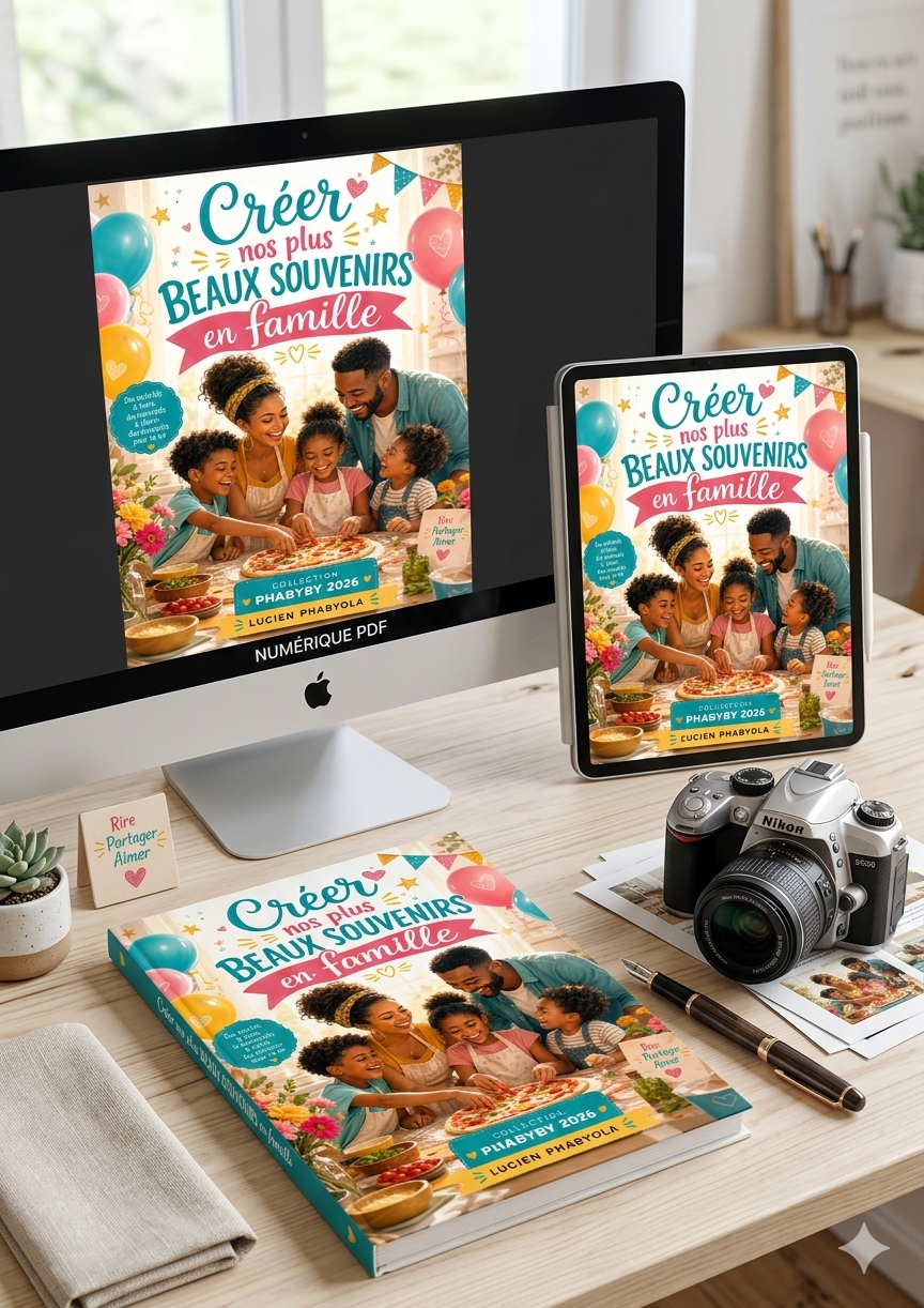 Livre de souvenirs famille imprimable PDF — 20 activités et moments magiques à vivre ensemble : cuisine, jeux, plage, camping, karaoké et plus. Une page souvenir géante avec espace photo pour chaque moment. Idée cadeau parfaite pour les familles. Collecti
