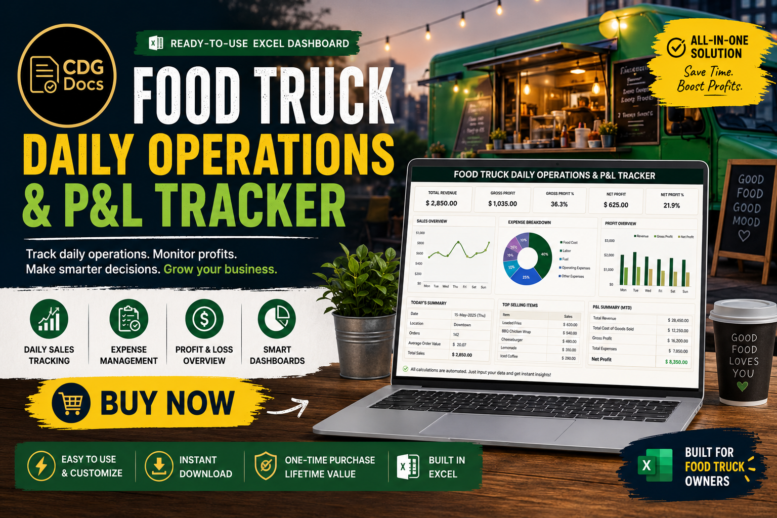 Food Truck Spreadsheet | Daily Operations Tracker | Profit Loss ...
