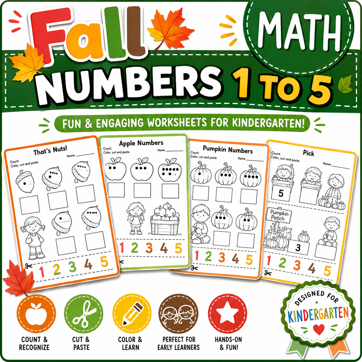 Fall Math No-Prep Printables | Numbers 1–5 Activities for Kindergarten