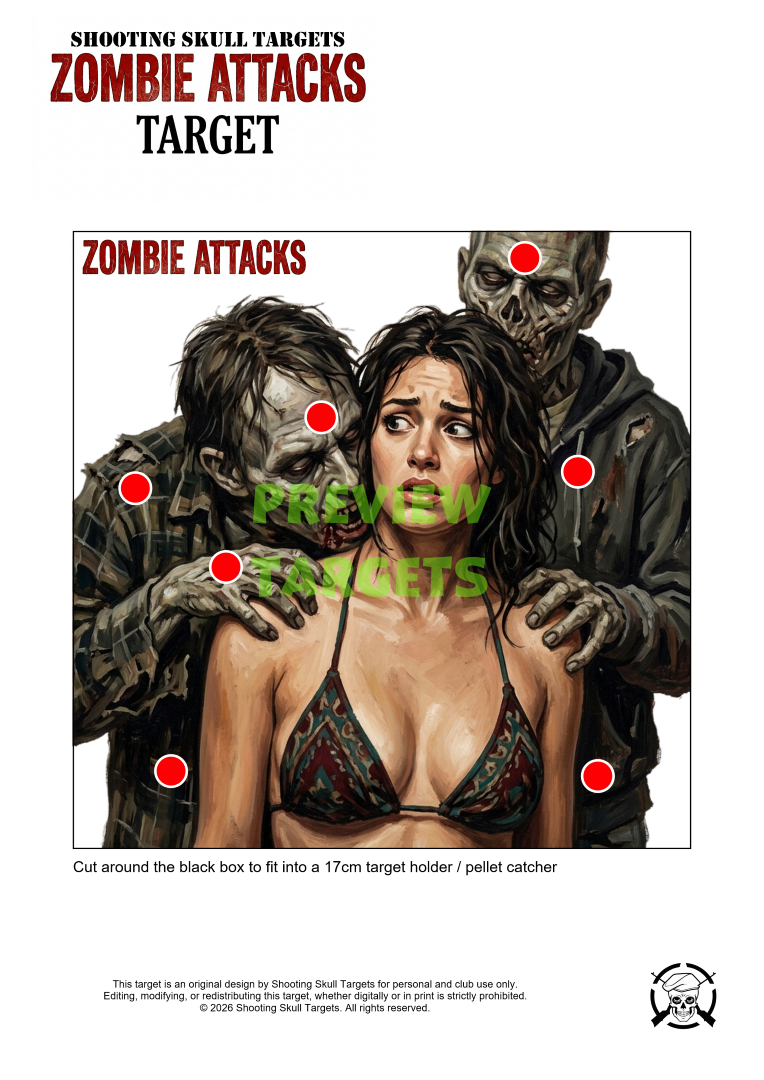 17cm Zombie Attacks colour target with marked shooting zones – designed for airgun target holders.