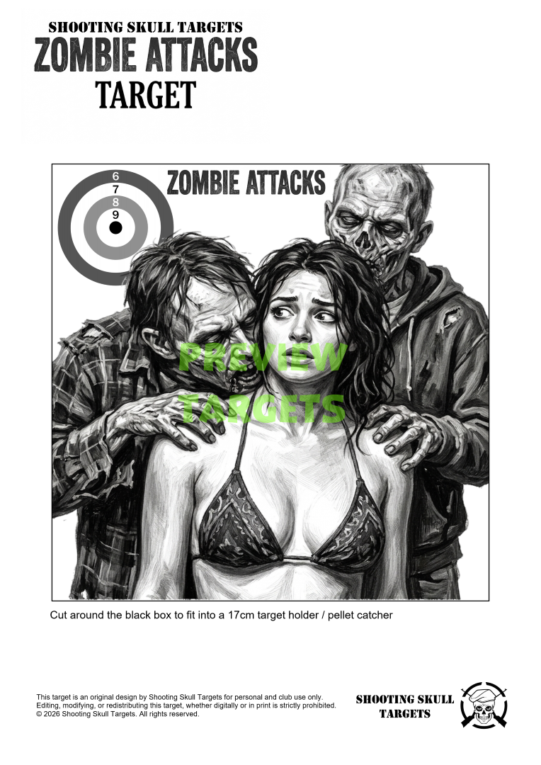 17cm Zombie Attacks B&W target with marked zones – printable airgun target for holders.