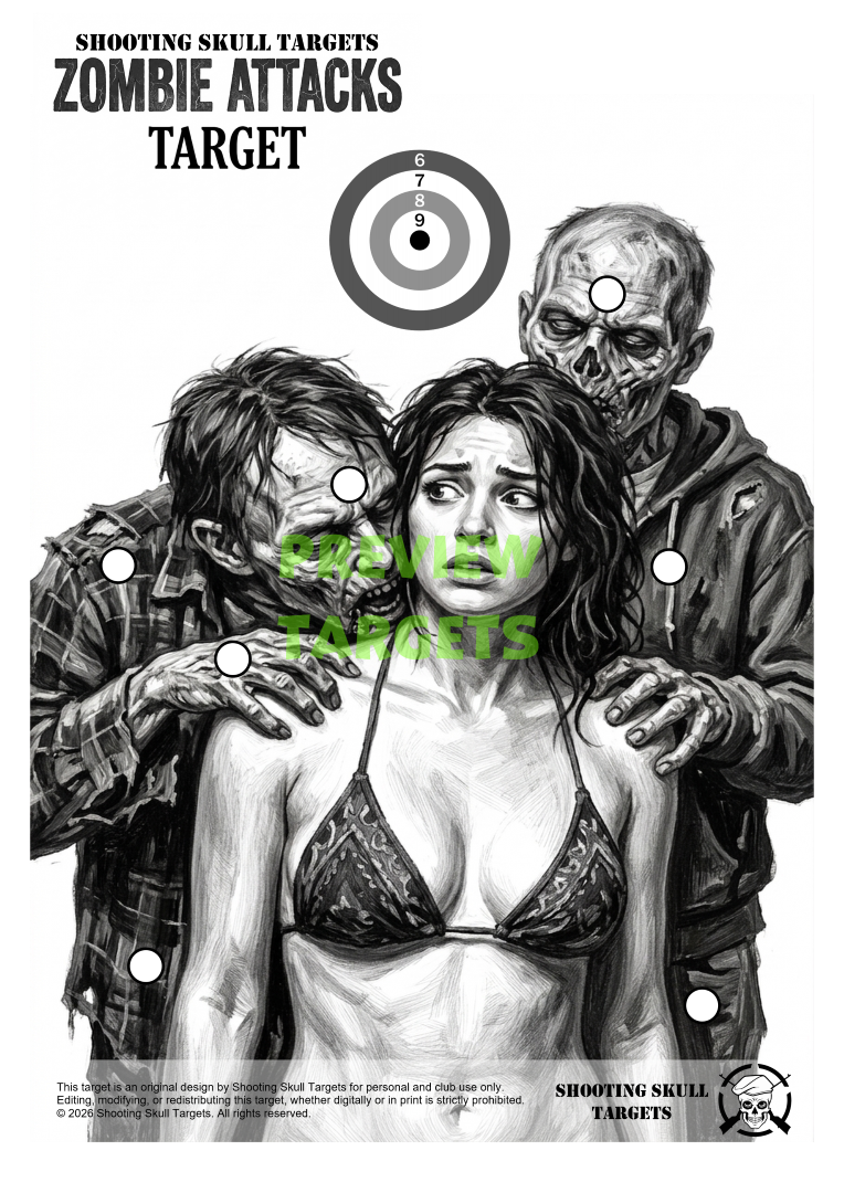 Zombie Attacks black and white airgun target with precision shooting zones – limited edition digital target.