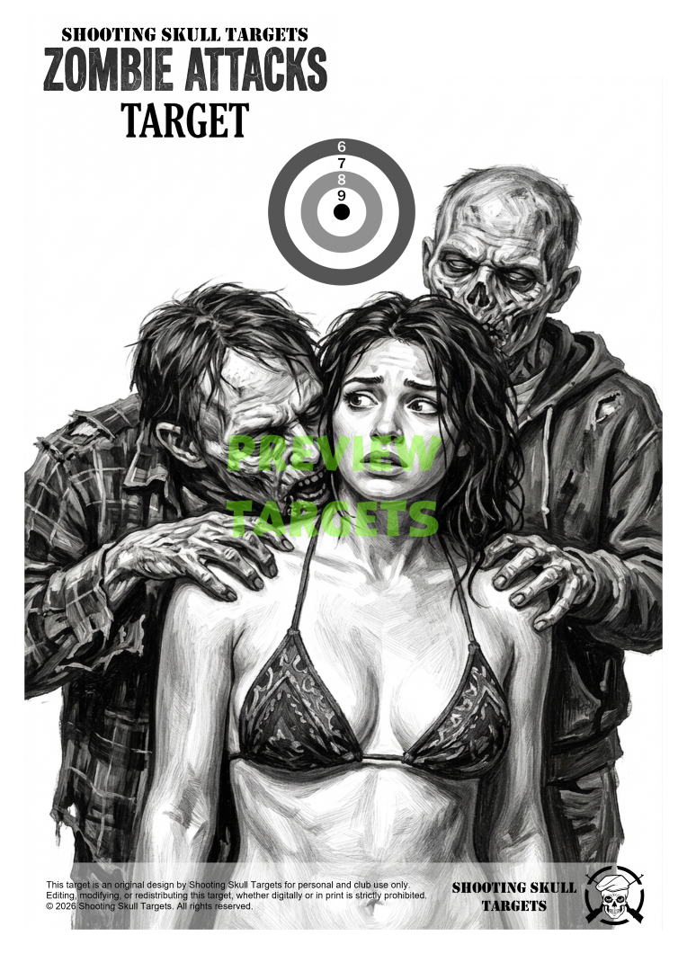 Zombie Attacks black and white airgun target without zones – printable limited edition design.
