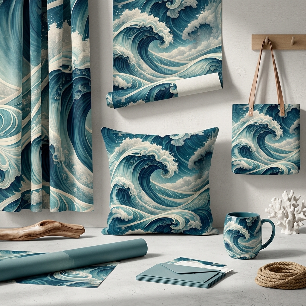 Ocean Wave Seamless Pattern Dark Teal Coastal Wallpaper Design for Fabric and Décor