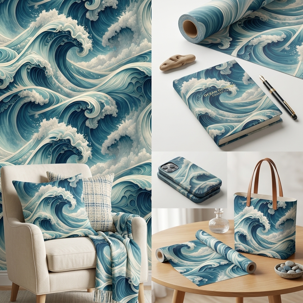 Ocean Wave Seamless Pattern Dark Teal Coastal Wallpaper Design for Fabric and Décor