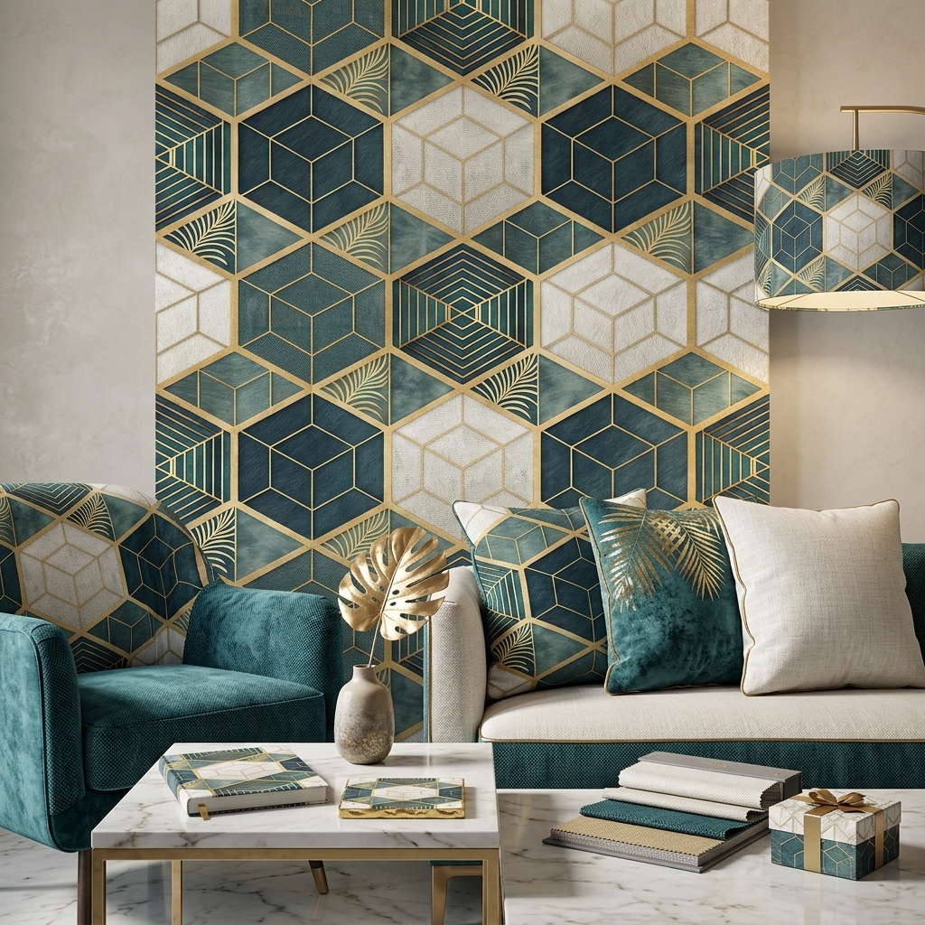 Luxury Geometric Hexagon Seamless Pattern Dark Teal Gold Wallpaper Design for Fabric and Décor