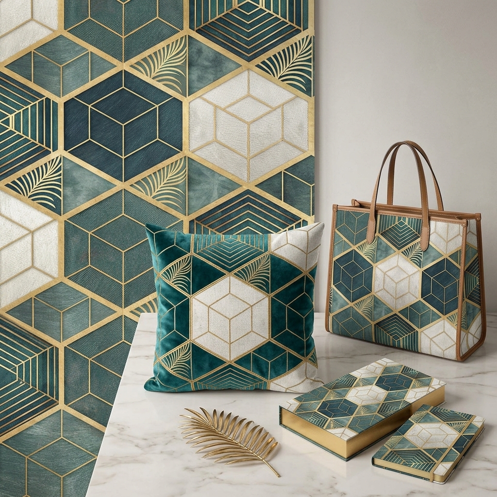 Luxury Geometric Hexagon Seamless Pattern Dark Teal Gold Wallpaper Design for Fabric and Décor