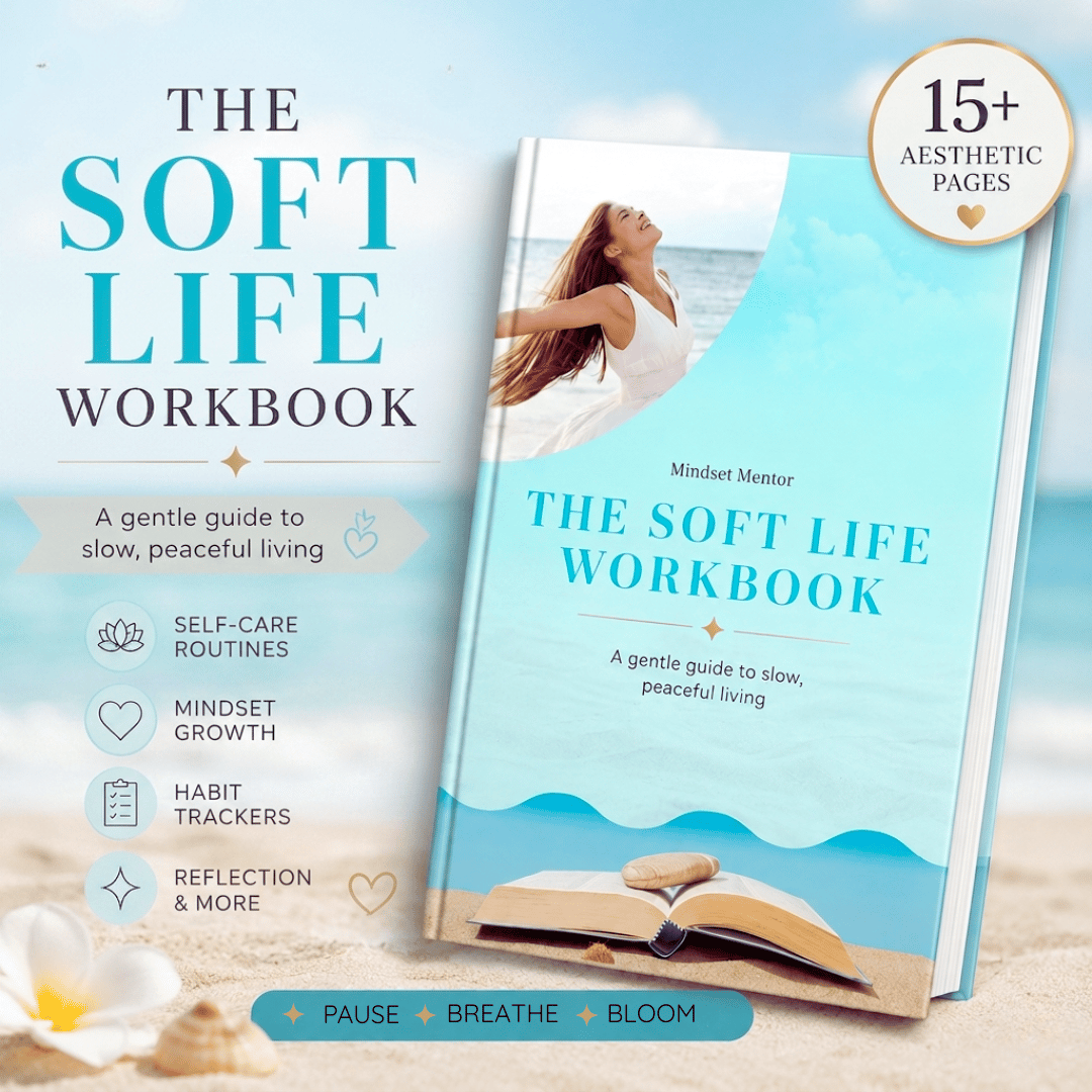 Minimal aesthetic self-care workbook cover with soft neutral tones, elegant typography, and peaceful lifestyle theme.