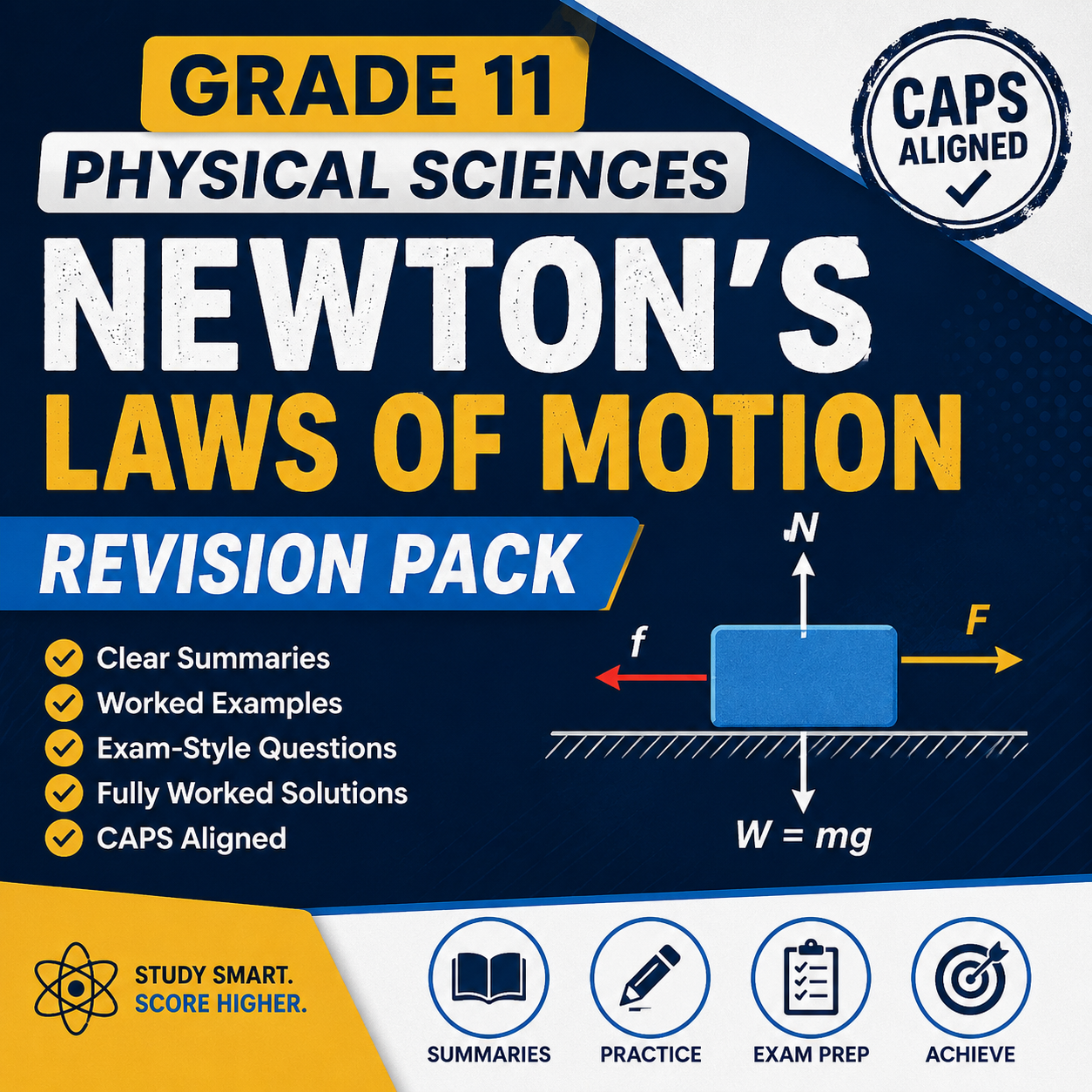 Grade 11 Physical Sciences Newton’s Laws of Motion Revision Pack with summaries, worked examples, and exam preparation support