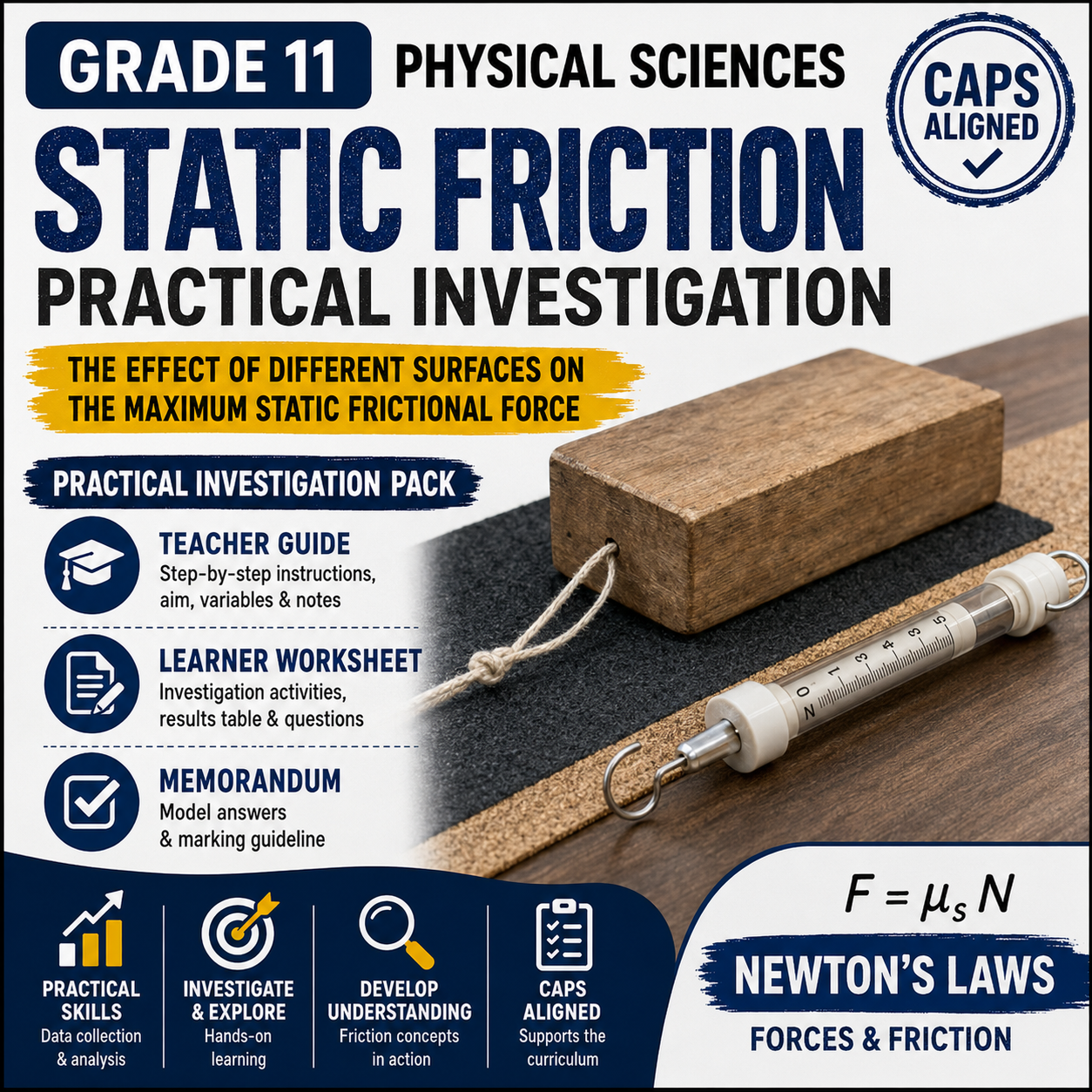 Grade 11 Physical Sciences Static Friction Practical Investigation Pack with teacher guide learner worksheet and memorandum