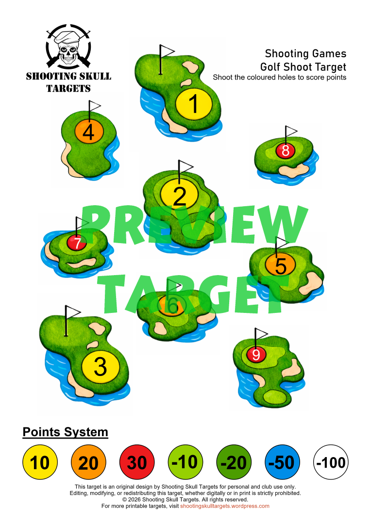 Golf Shoot Airgun Target featuring 9 coloured golf‑style holes with point scoring zones, printable A4 PDF.