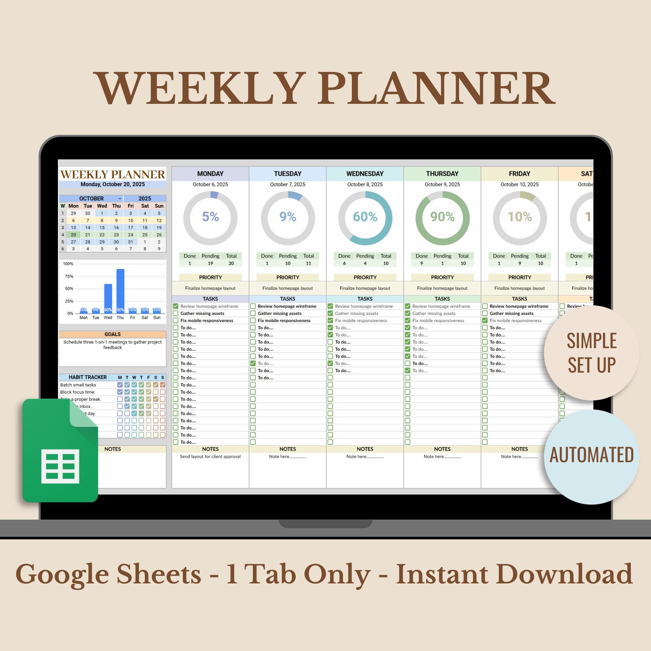 Weekly Planner Google Sheets Template for Automated Task Tracking ...