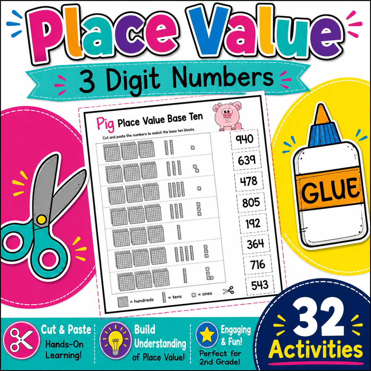 Place Value Worksheets to 1,000 | Cut-and-Paste Activities with Base Ten Blocks