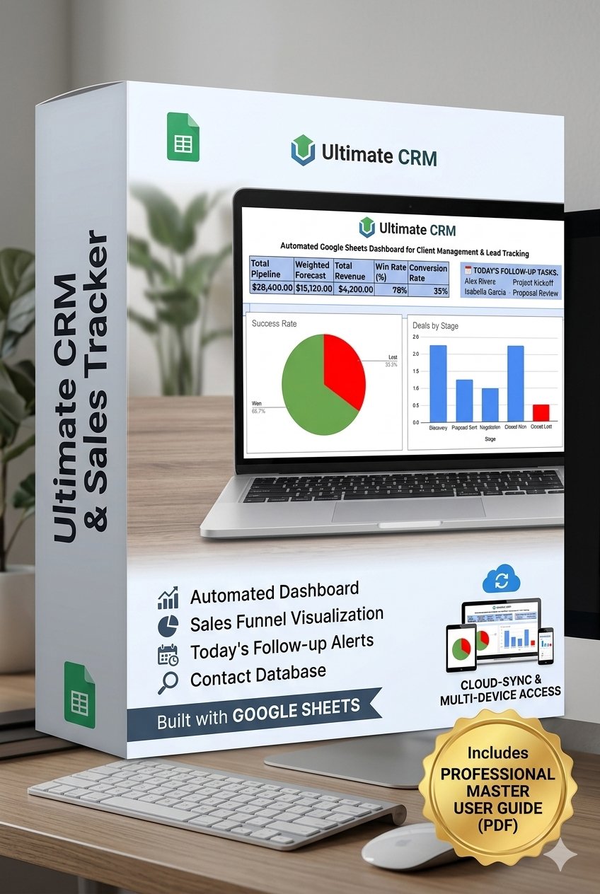 3D software box and laptop display showing a professional Automated CRM and Sales Pipeline Tracker for Google Sheets, featuring a colorful dashboard, sales funnel charts, and a gold badge for the included PDF Master User Guide.
