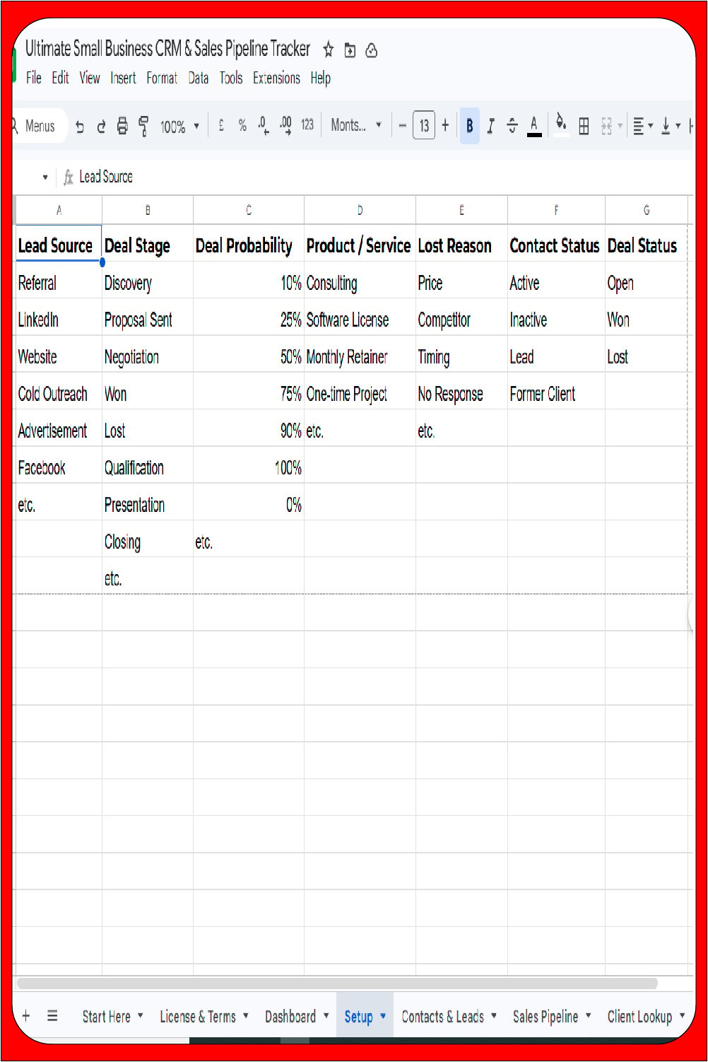 Screenshot of the Setup tab in the Ultimate CRM Google Sheets template, showing customizable dropdown lists for Lead Sources, Deal Stages, Product Categories, and Loss Reasons with a clean, professional spreadsheet layout.