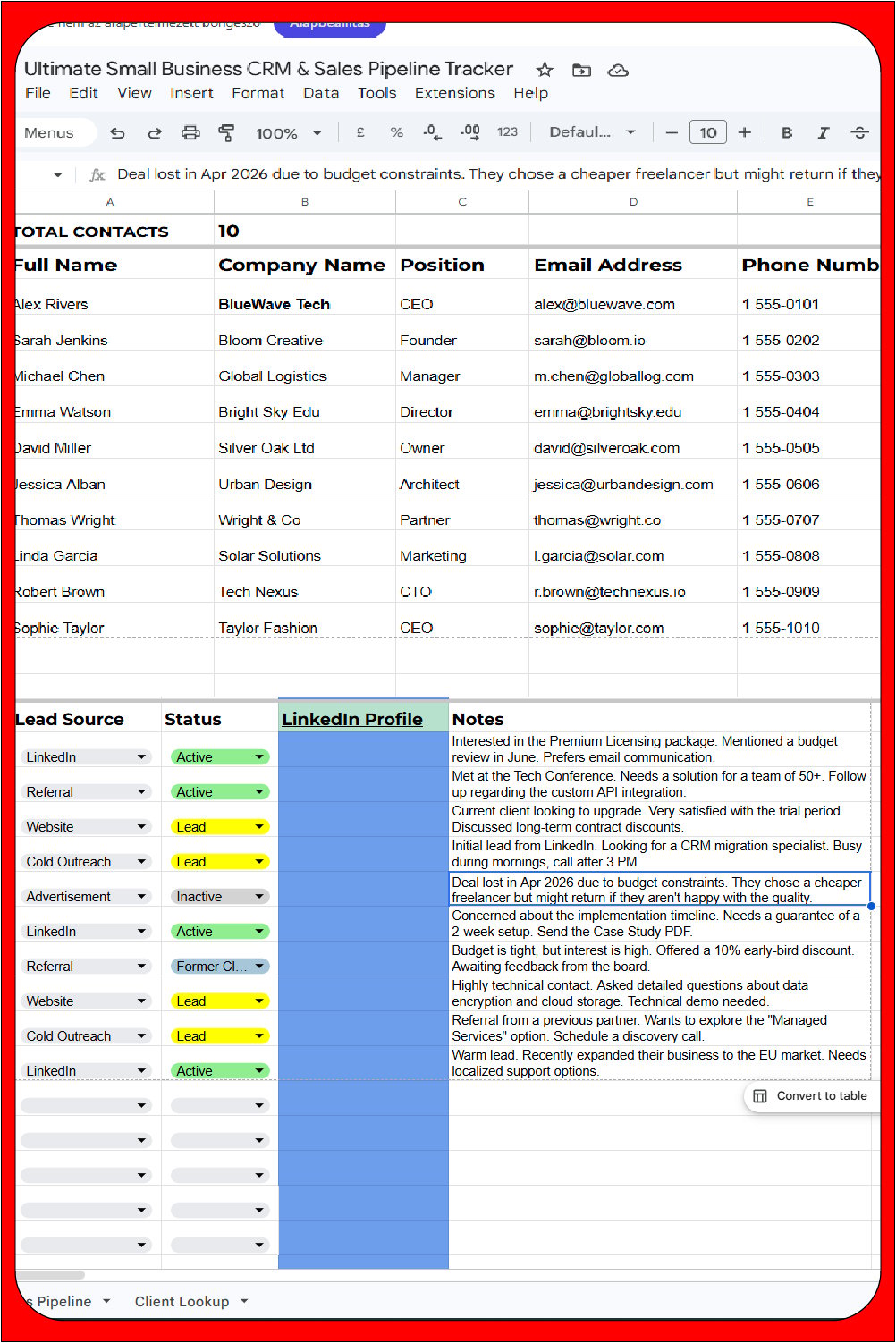 A composite screenshot of the Contact Database in the CRM Google Sheets template, showing organized columns for Full Name, Company, Email, Lead Source, and Relationship Status, demonstrating how client data is structured for automated tracking.