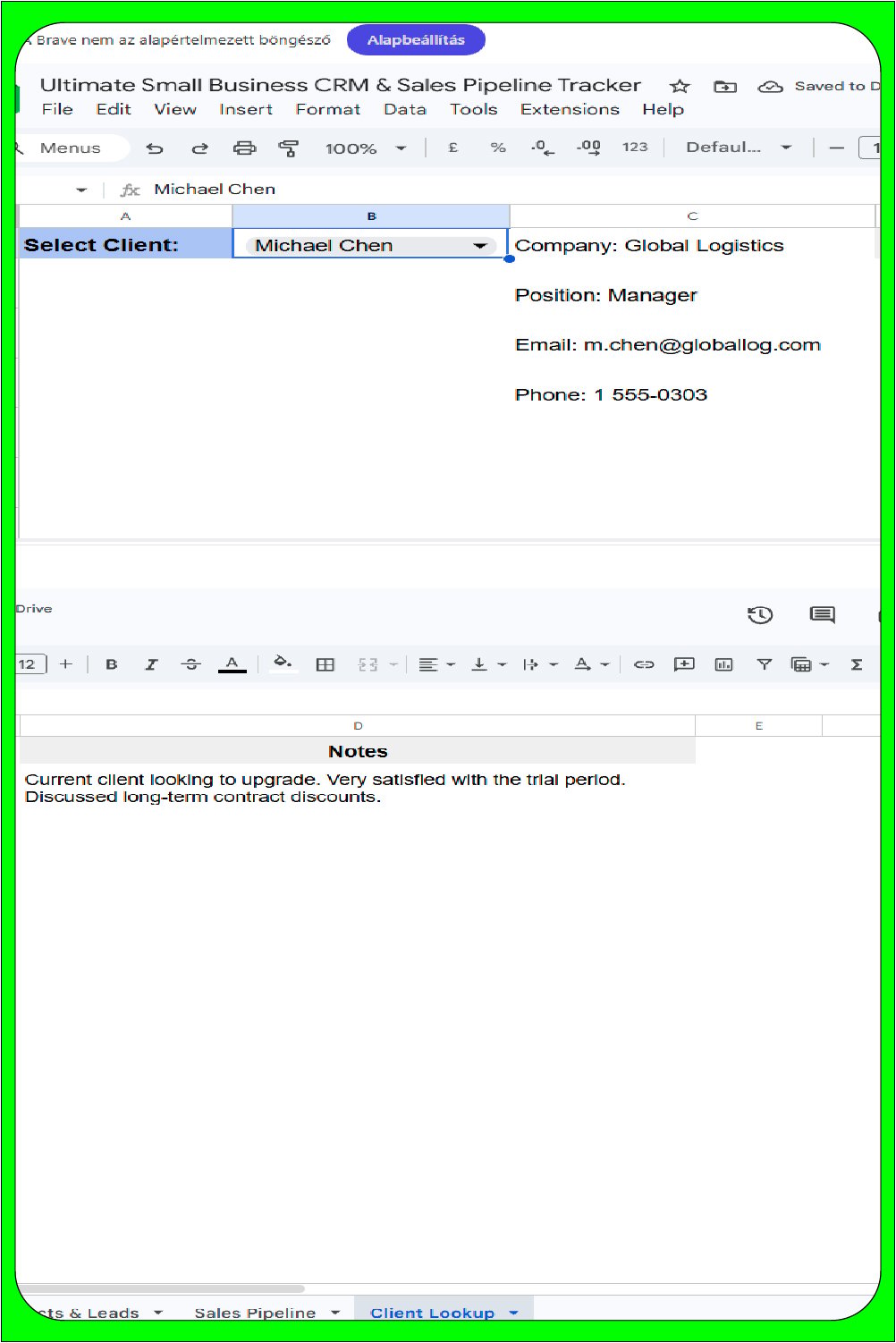 A vertical layout of the Client Lookup tab in Google Sheets, demonstrating a dropdown menu to select a client (Michael Chen), which instantly displays their company info, contact details, and a full chronological history of notes and meeting logs.