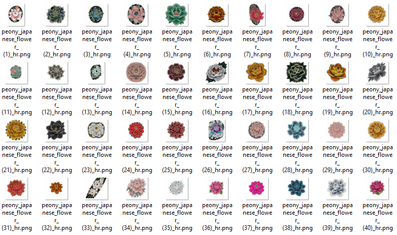Collection of 83 Japanese peony flower tattoo flash designs featuring traditional irezumi botan motifs, ornamental floral artwork, and tattoo reference illustrations.