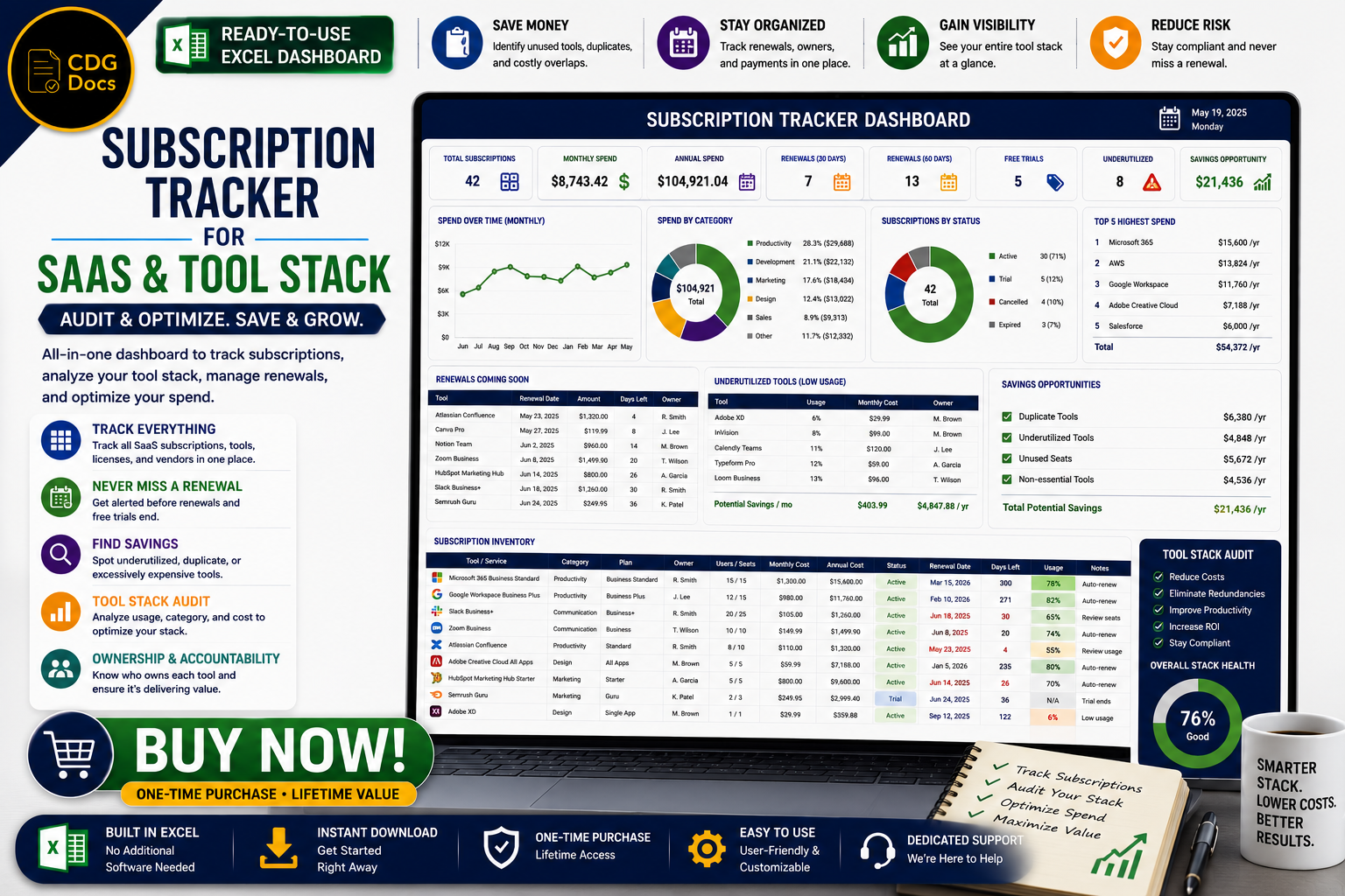 Subscriptions Spreadsheet SaaS Subscription Spreadsheet | Tool Stack Audit Tracker | Software ...