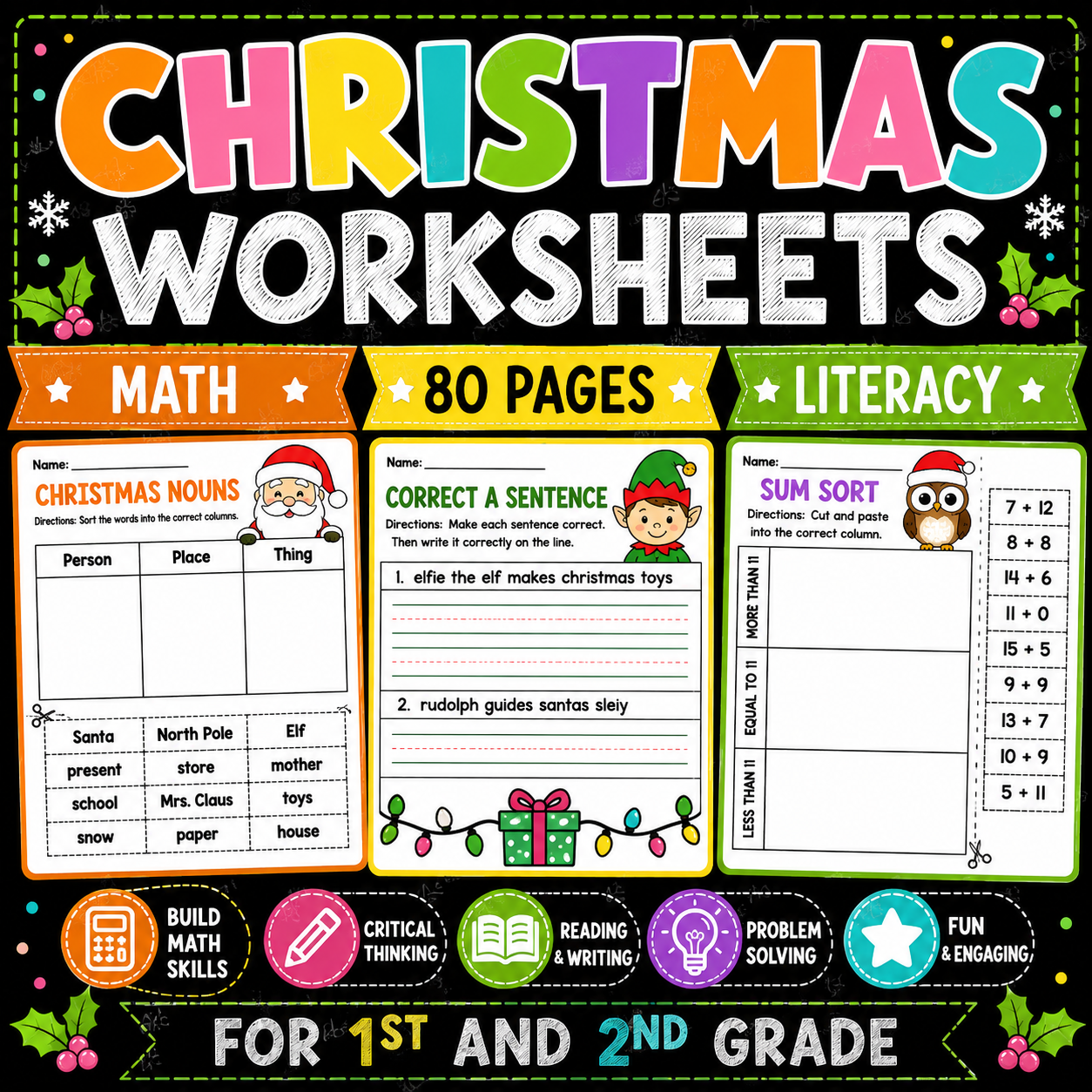 Christmas Worksheets | No-Prep Math & Literacy Activities for 1st & 2nd Grade