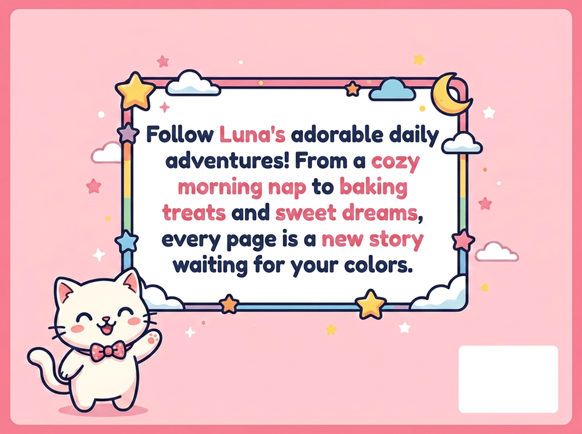 A colorful digital coloring book cover featuring a cute white kitten with a pink bowtie sitting happily in its bedroom, surrounded by fanned-out printable coloring pages.