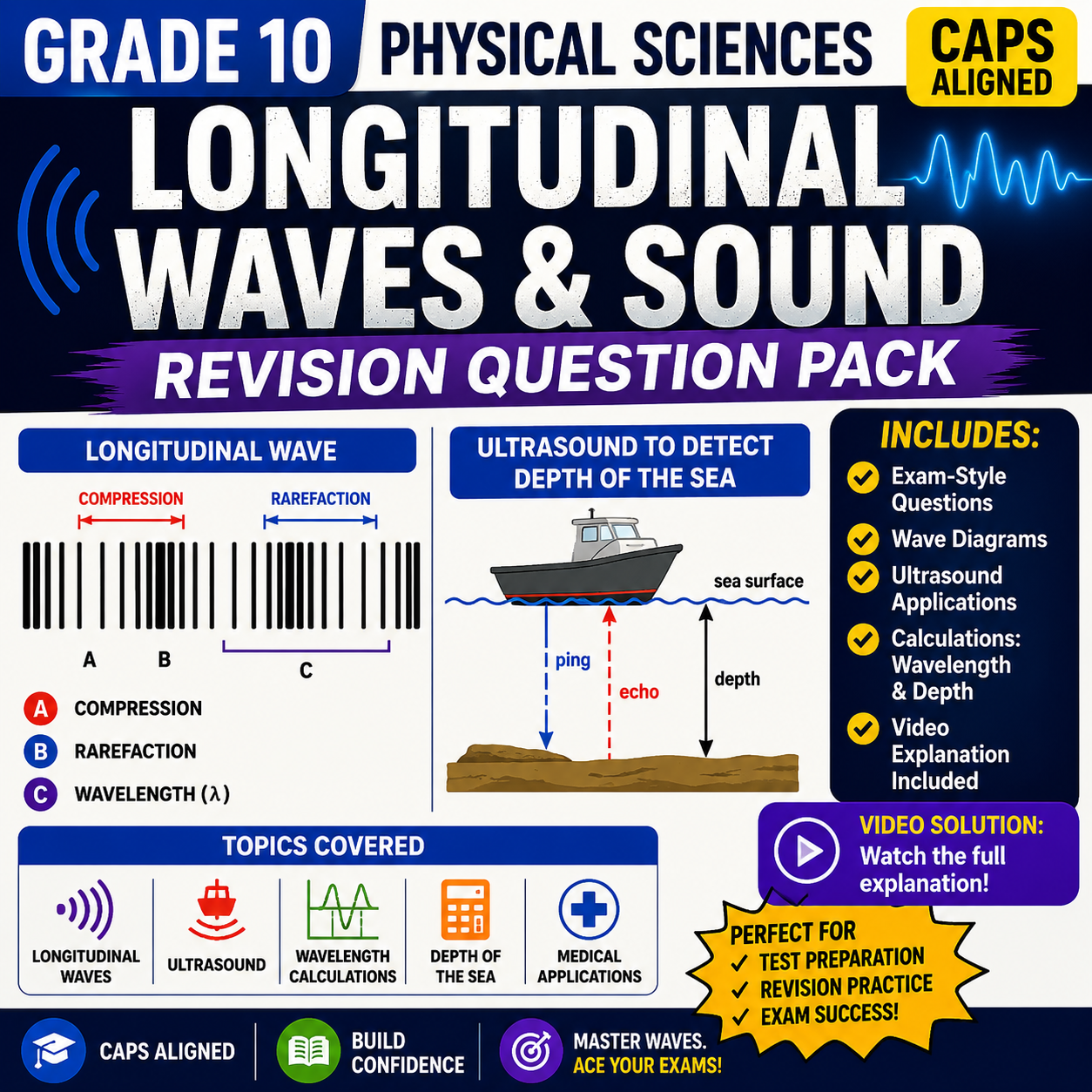 Grade 10 Physical Sciences longitudinal waves and sound revision question pack with ultrasound calculations and video explanation