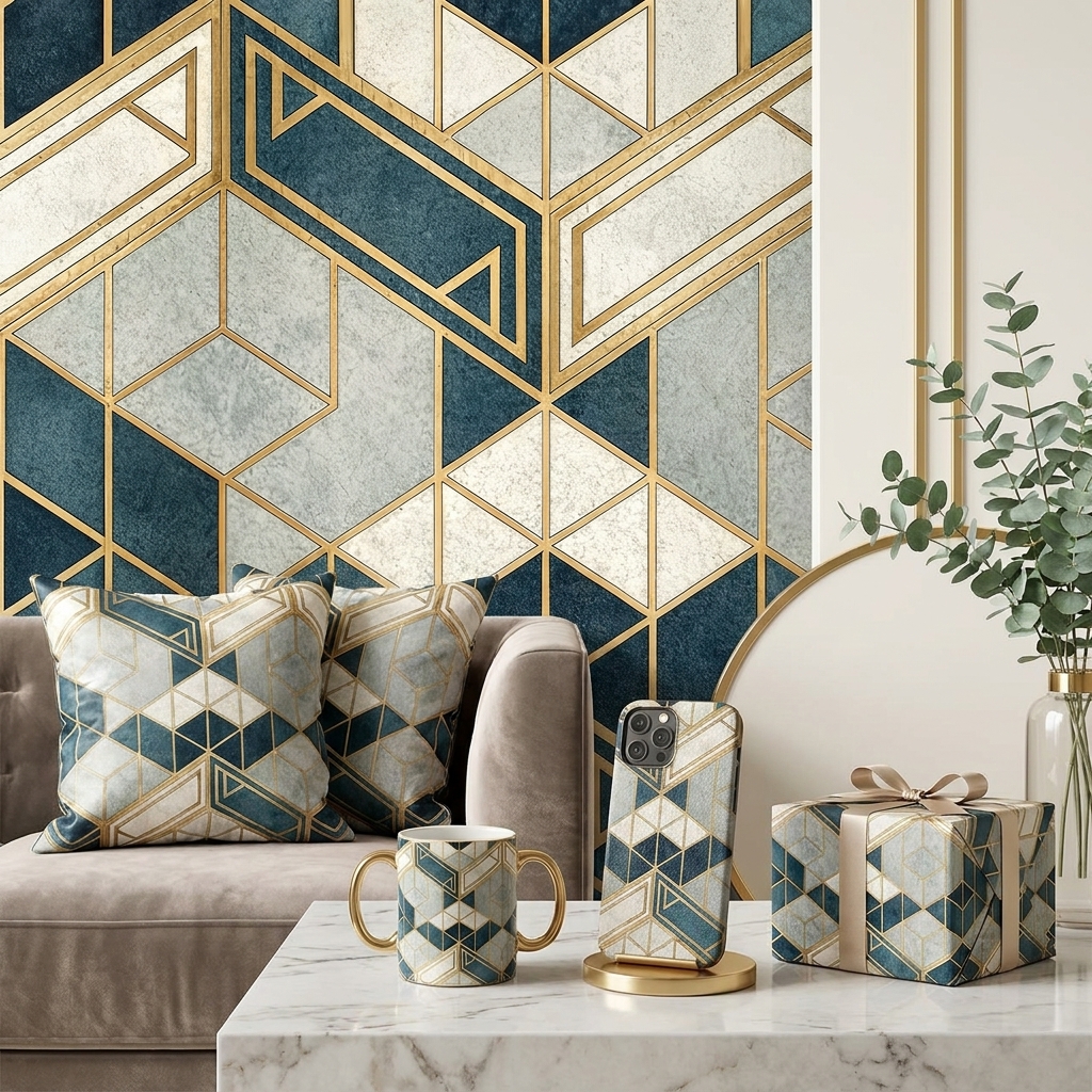 Luxury Art Deco Geometric Seamless Pattern Dark Teal Gold Wallpaper Design for Fabric and Décor