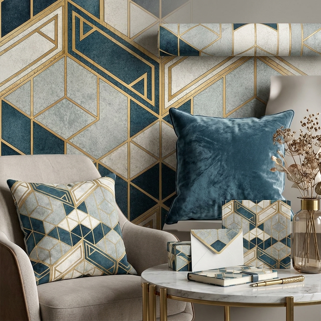 Luxury Art Deco Geometric Seamless Pattern Dark Teal Gold Wallpaper Design for Fabric and Décor