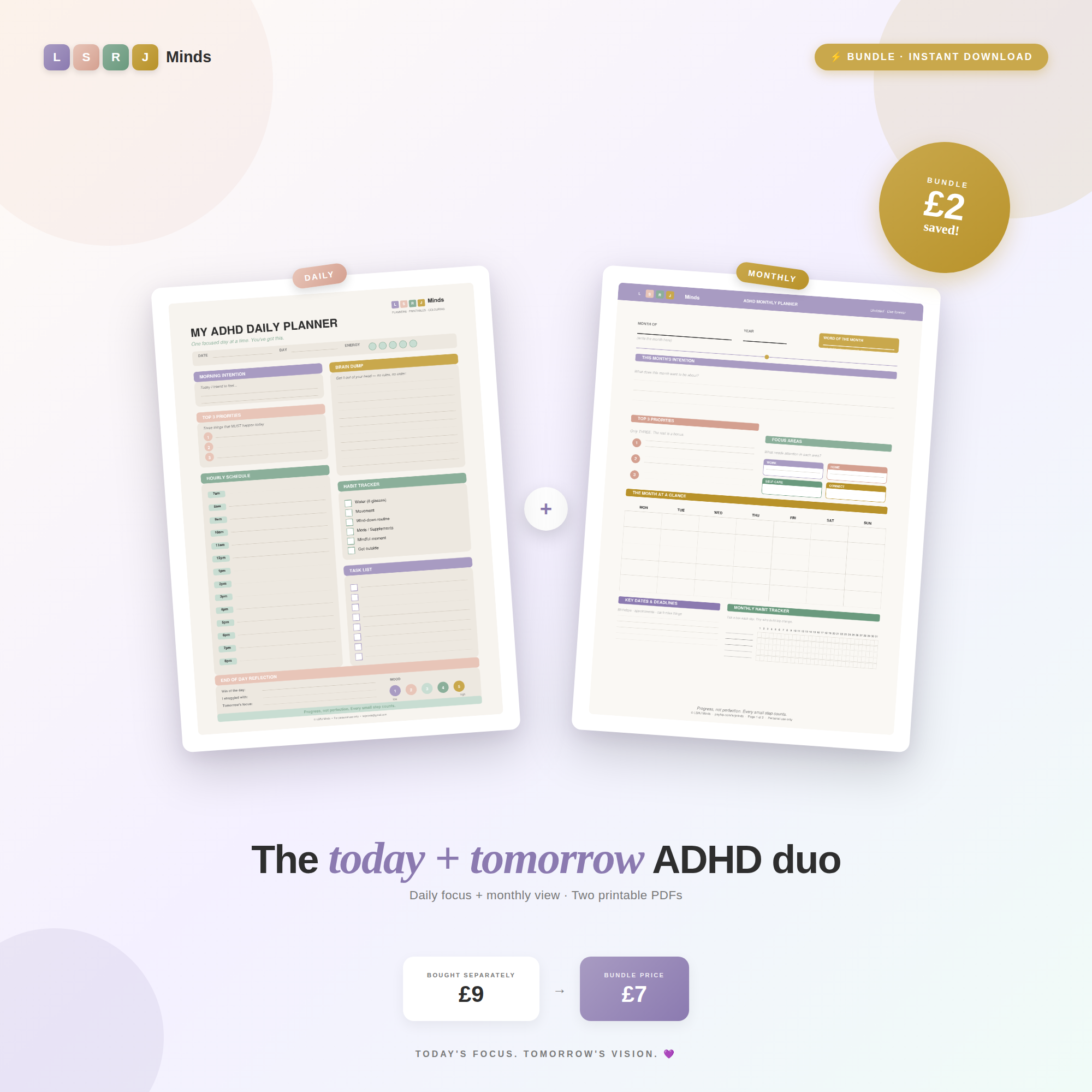 ADHD Daily Monthly Planner Bundle | Printable PDF | Save £2 | Undated ...