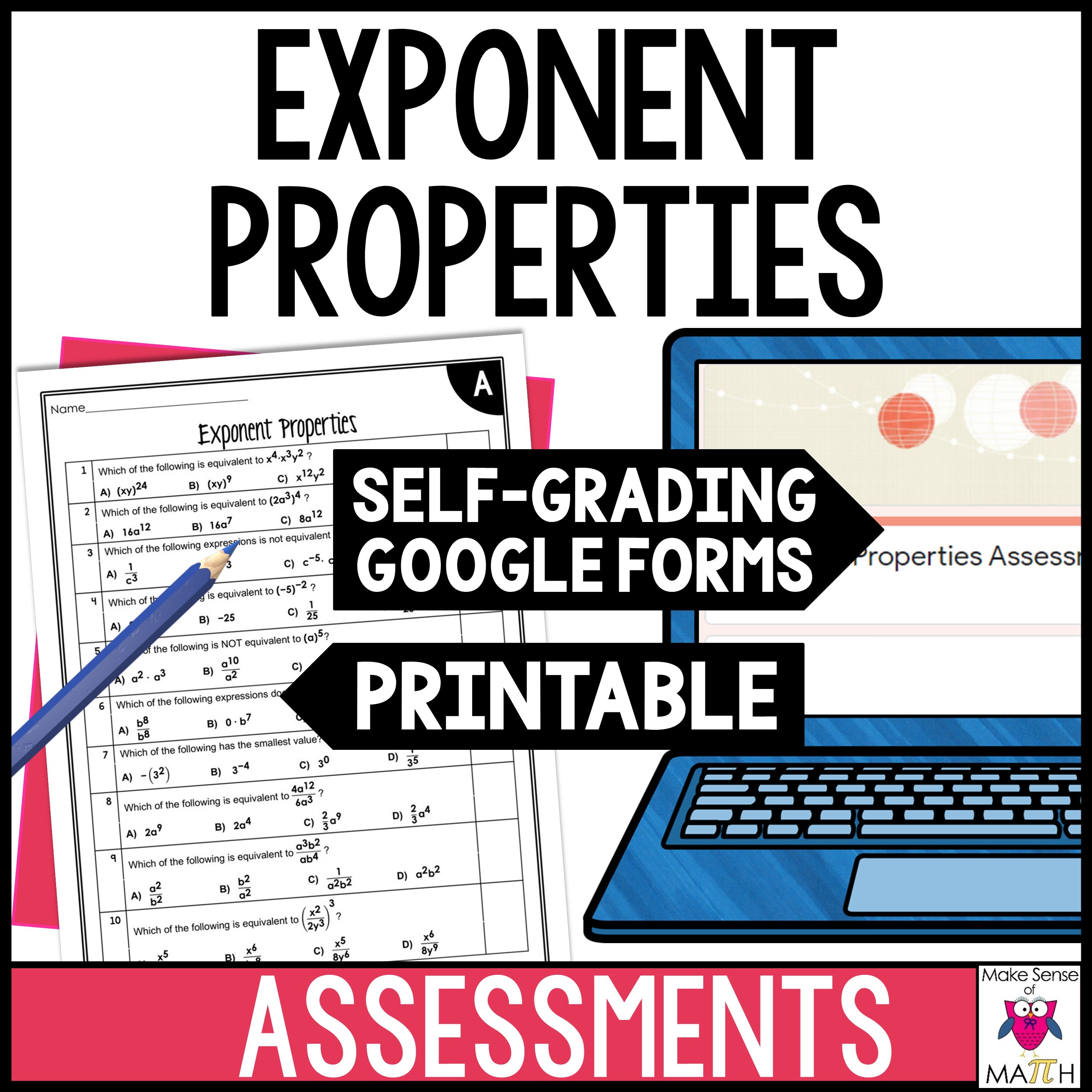 Exponent Rules Assessments Digital and Printable
