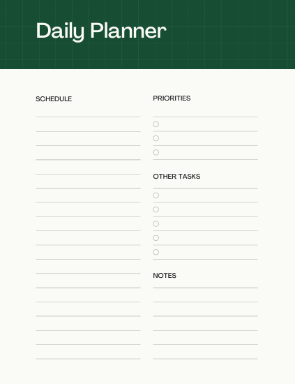 Two‑column layout with Schedule, Priorities, Other Tasks, and Notes – helps you separate urgent from important in one glance.