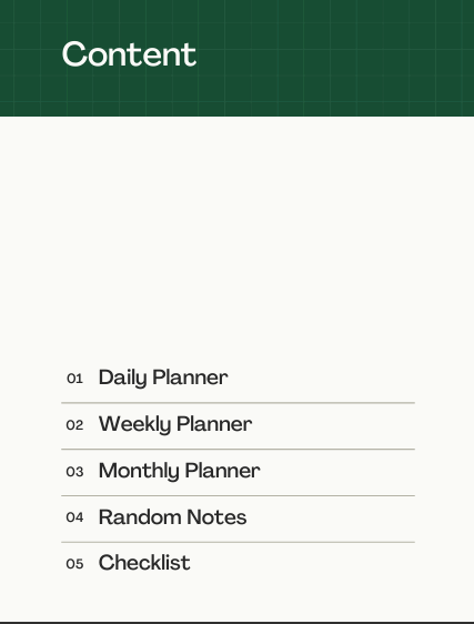 Contents page showing 5 key sections: Daily Planner, Weekly Planner, Monthly Planner, Random Notes, and Checklist – easy navigation for your study workflow.