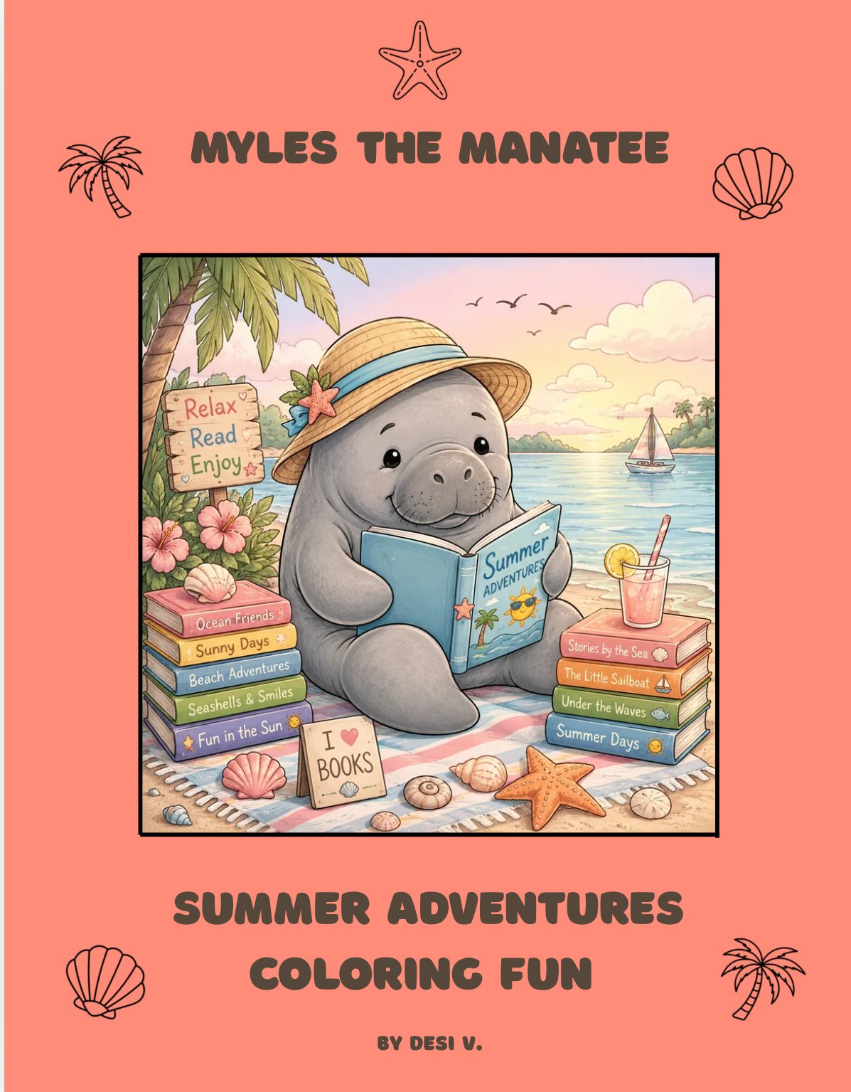 Cute manatee beach summer printable coloring sheet
