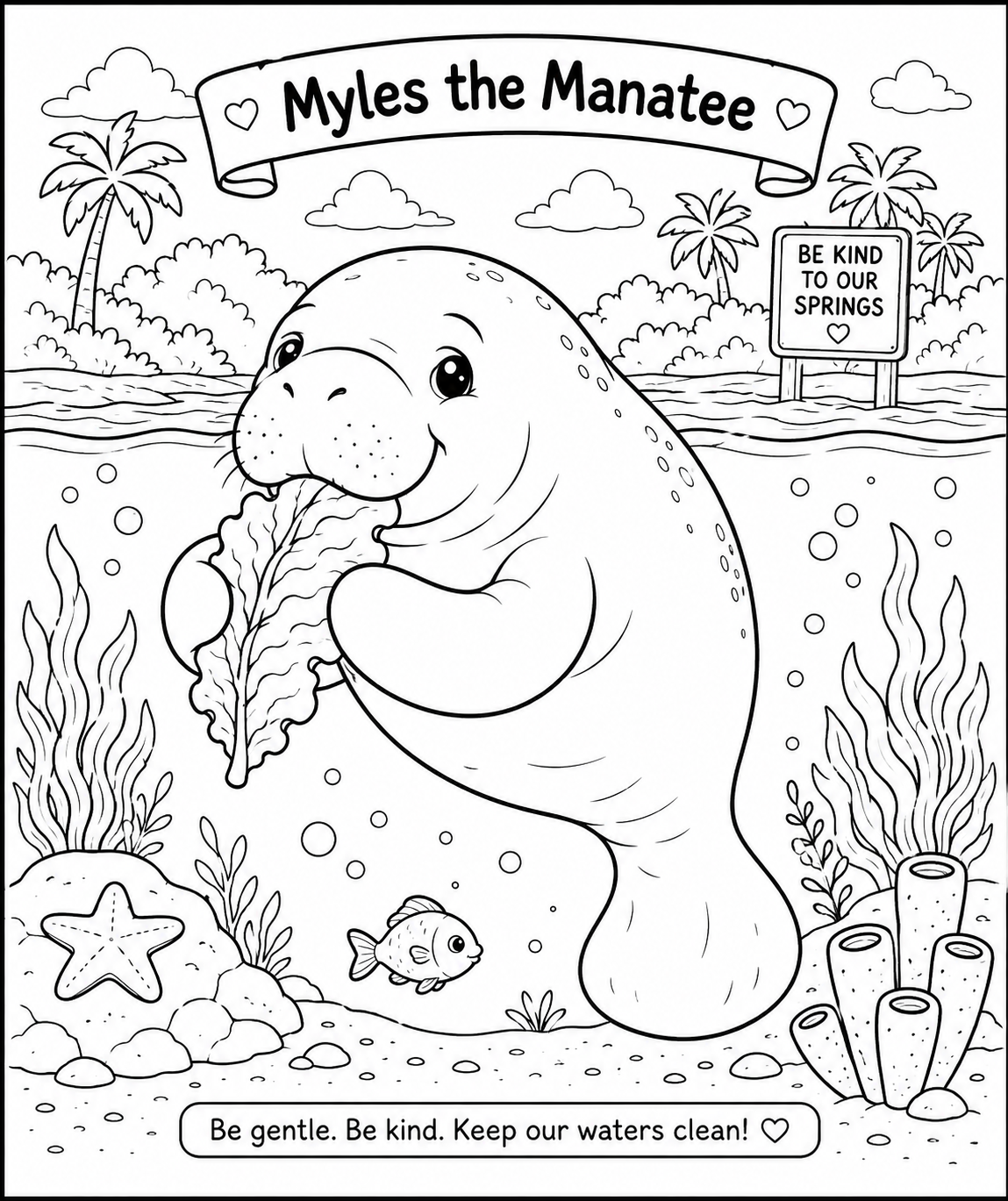 Black and white printable manatee coloring page for kids