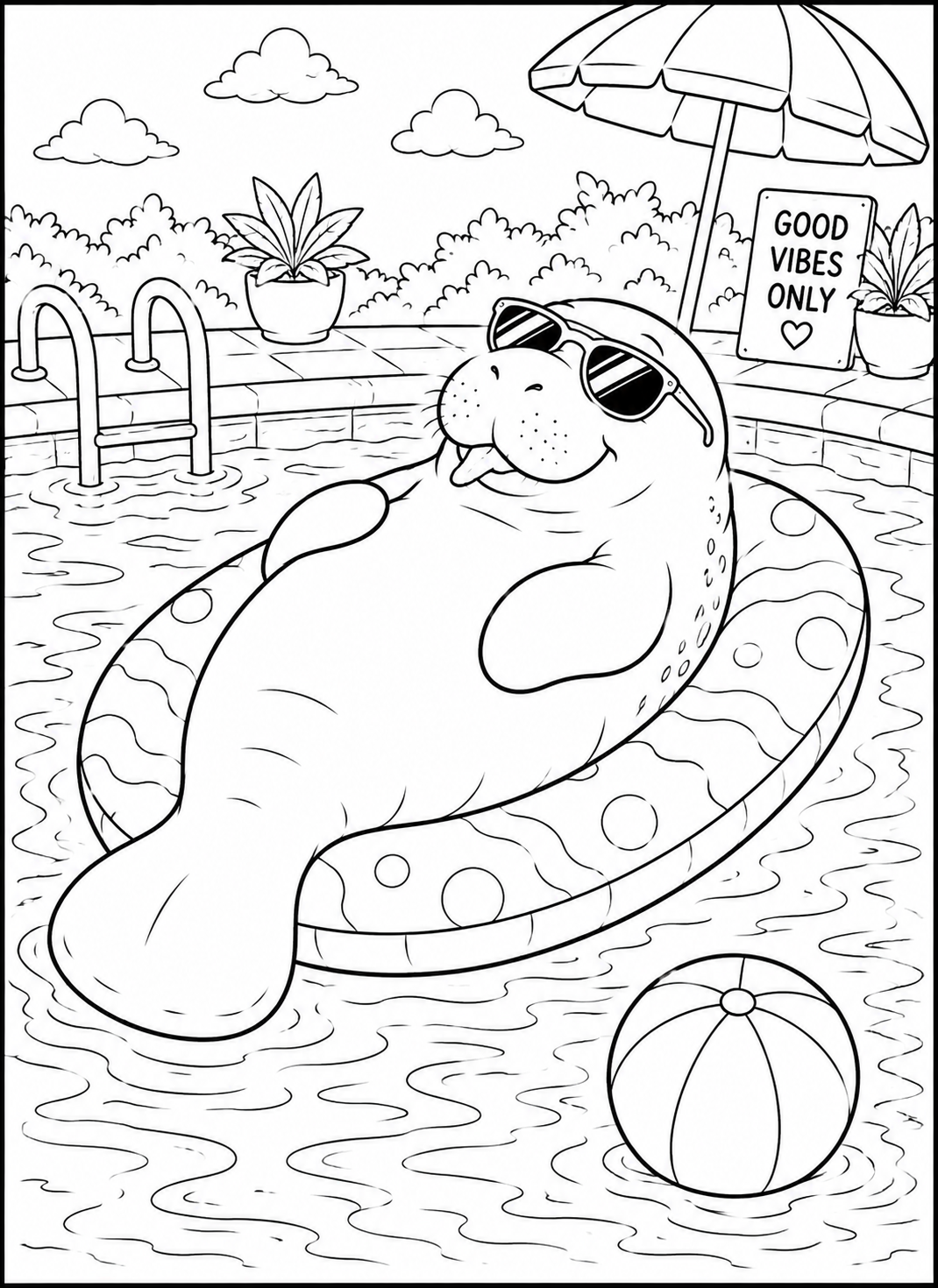 Kids ocean animal coloring page manatee relaxing in water