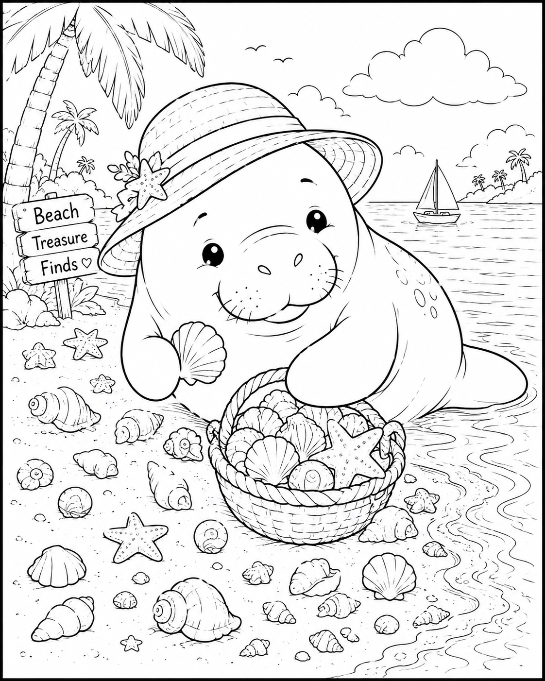 Manatee enjoying summer beach scene coloring printable