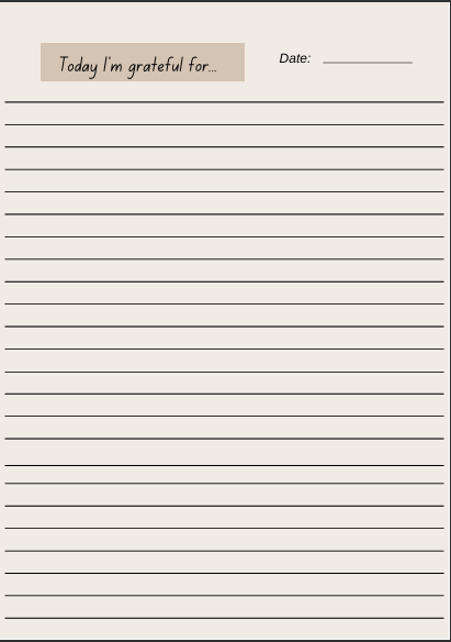 Simple lined notebook page with a large number "1" at the top left. Soft beige background. Space for free writing or notes. Matches the elegant gratitude journal style.
