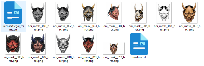 Traditional Japanese Oni mask flash sheet showcasing 12 standalone irezumi-inspired demon mask designs with varied expressions, horns, and ornamental details.