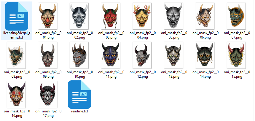 Collection of 17 Oni mask tattoo flash designs featuring traditional Japanese irezumi artwork, detailed demon mask motifs, and tattoo reference illustrations.