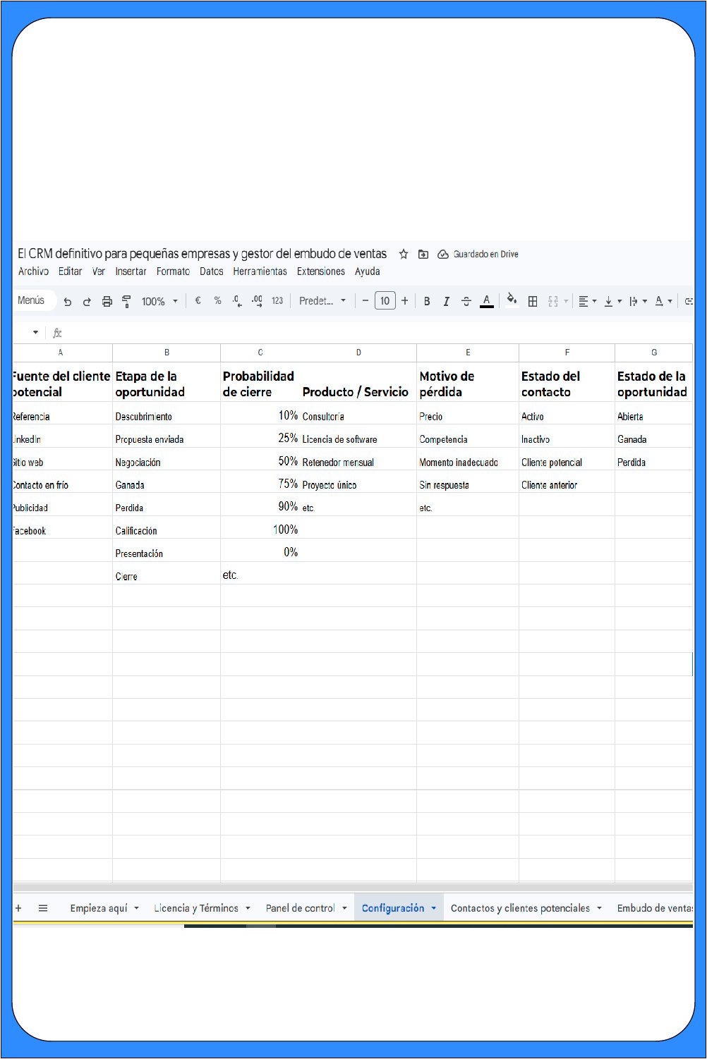 Vista de configuración en Google Sheets CRM para personalizar etapas de venta, productos, estados de oportunidad y motivos de pérdida en español.