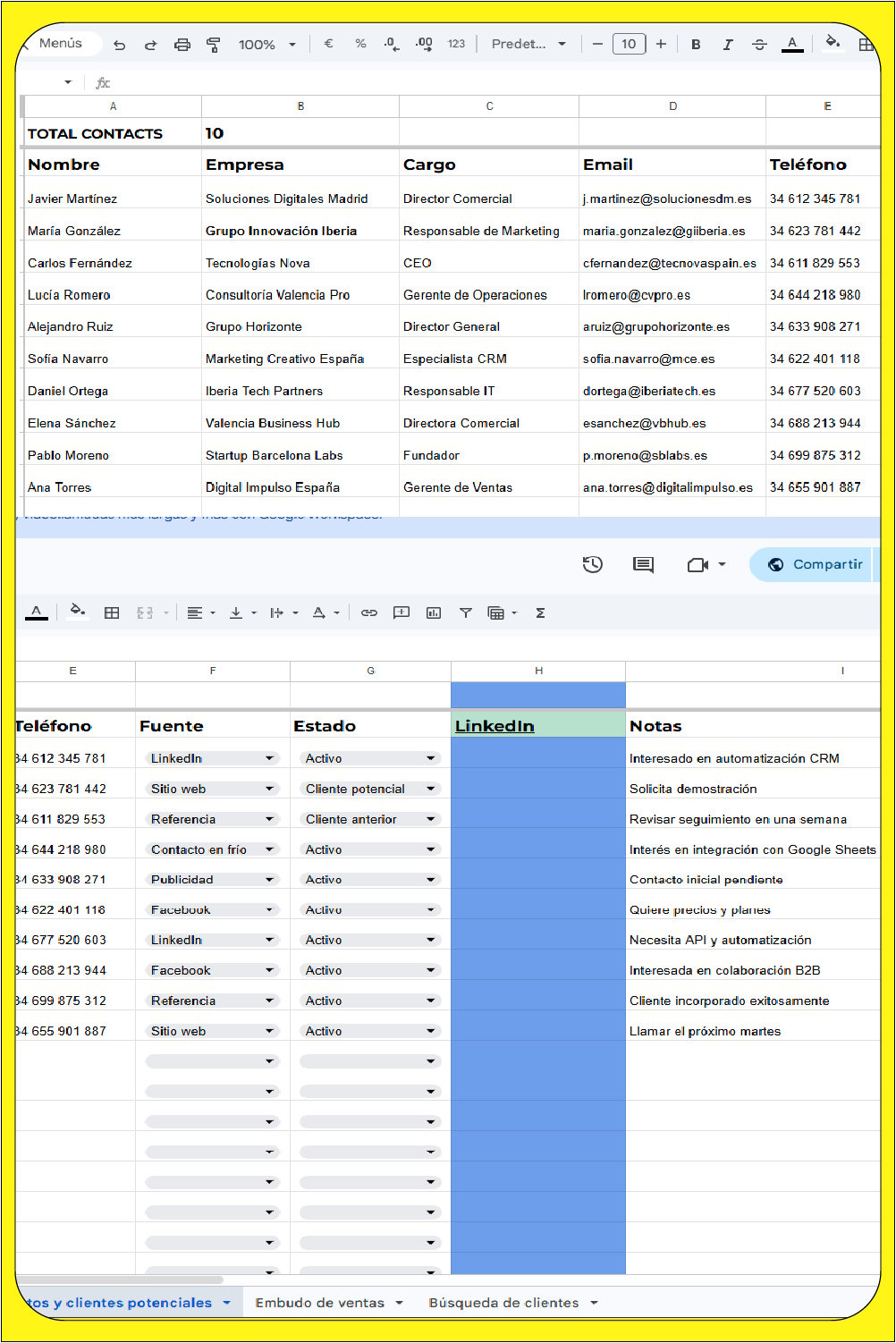 Base de datos de contactos en Google Sheets CRM con columnas de nombre, empresa, email, teléfono, notas y menús desplegables de estado en español.